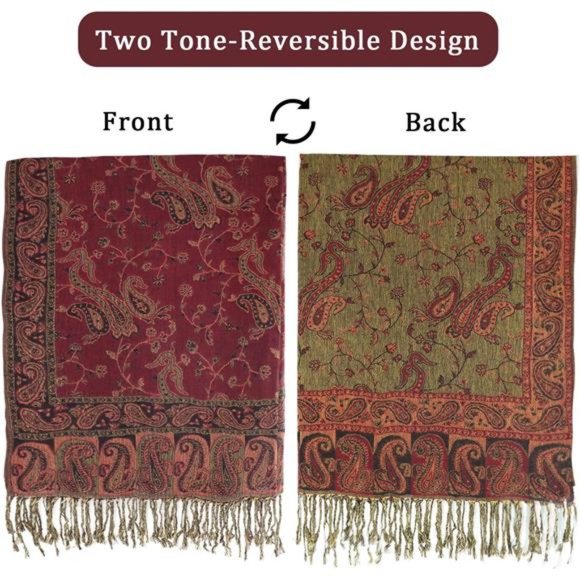 Two Tone Paisley Pashmina Shawl Wrap Scarf Women's Soft Jacquard Scarves - Picture 2 of 6